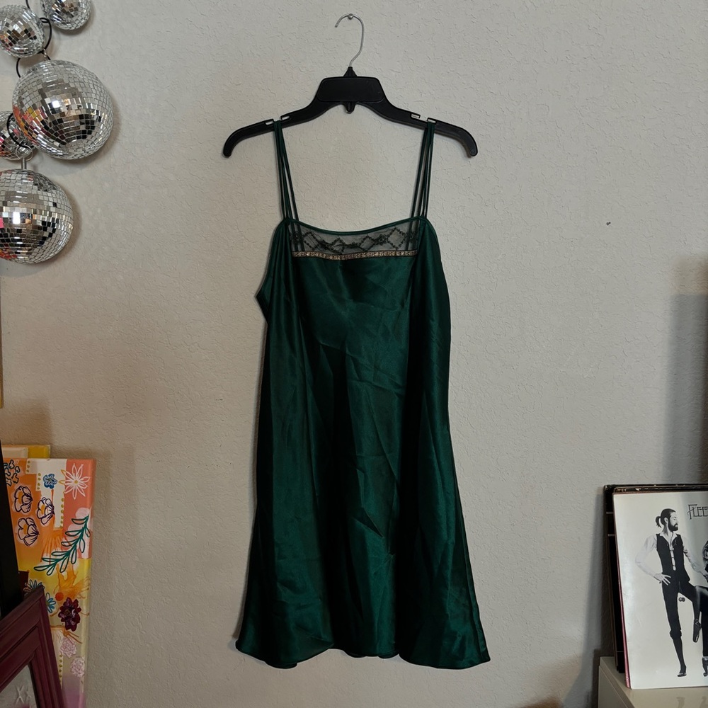 Vintage Delicates Emerald Green Slip Dress with Lace Detail